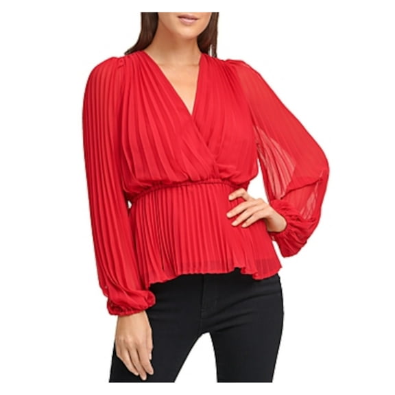 DKNY Womens Red Long Sleeve Surplice Neckline Peplum Party Top Size: S