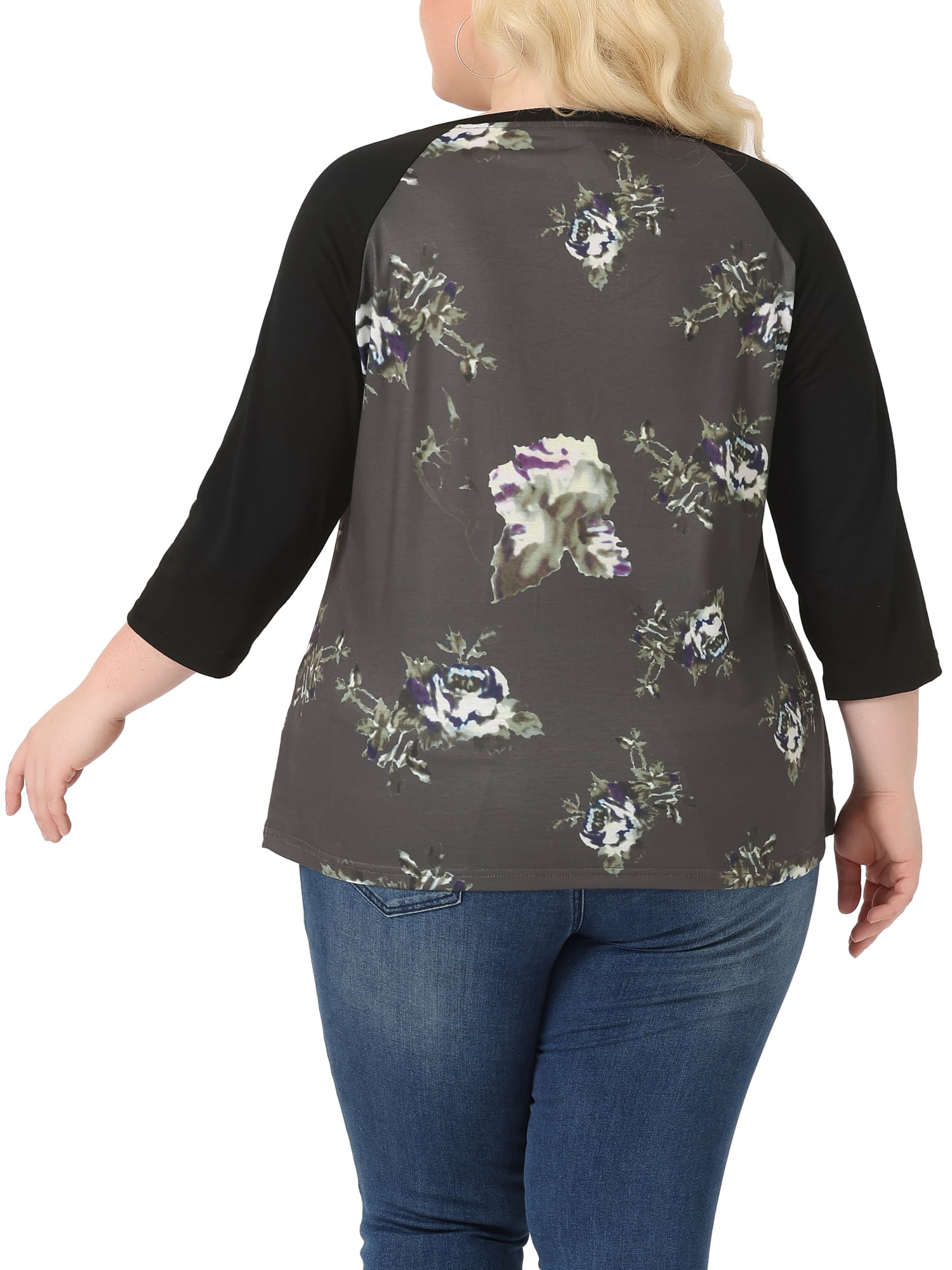 Unique Bargains Juniors' Plus Size 3/4 Sleeve Floral Female Modern Raglan Tops 2X Coffee
