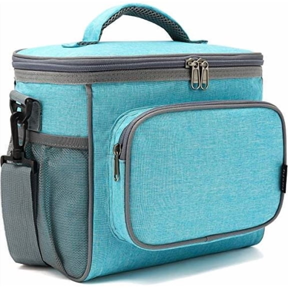 Insulated Reusable Lunch Bag Adult Large Lunch Box for Women and Men with Adjustable Shoulder Strap,Front Zipper Pocket and Dual Large Mesh Side Pockets,SeaBlue
