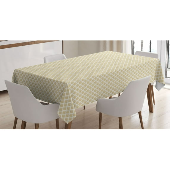 Art Deco Tablecloth, Repeating Classic Greek Style Retro Geometric Leaves Foliage Minimal Pattern, Rectangle Satin Table Cover for Dining Room and Kitchen, 60" X 84", Almond and White, by Ambesonne