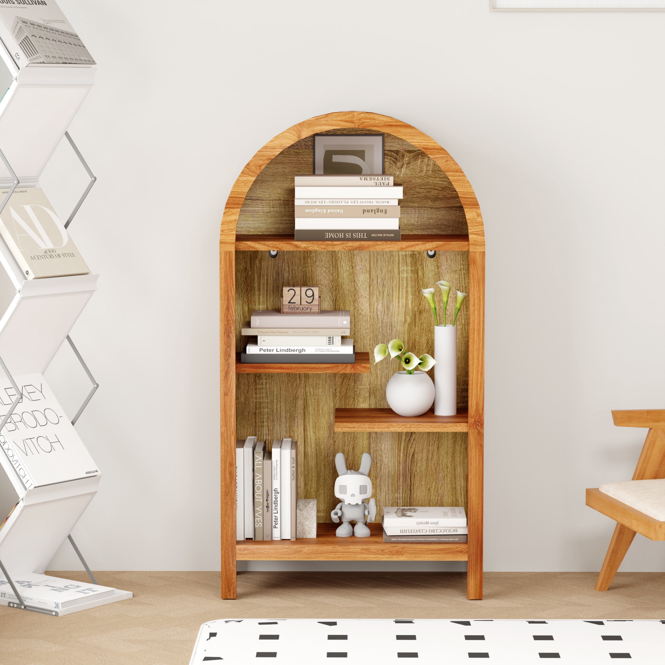 Noble House 4-Tier Arched Top Display Cabinet, Freestanding Accent Display Rack, Walnut