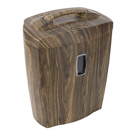 shredder for home or office with fashionable wood appearance: 10 sheet, cross cut, 5.5 gallon waste bucket, 2 minute run time, shreds credit cards, clips and staples, 5.5 gallon waste