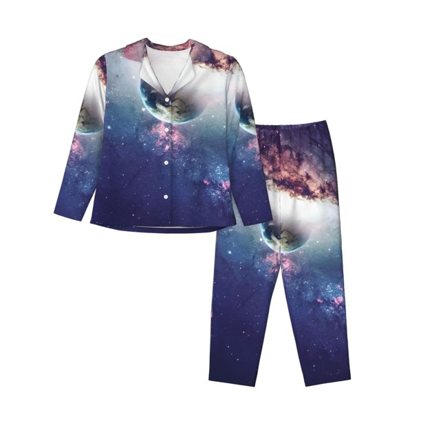 Fotbe Planets Stars And Galaxies Conjunto de Pijama de Manga Larga para Mujer con Estampado, Ropa de Dormir de 2 Piezas, Conjunto de Casa Suave y Cómodo con Bolsillos-Small