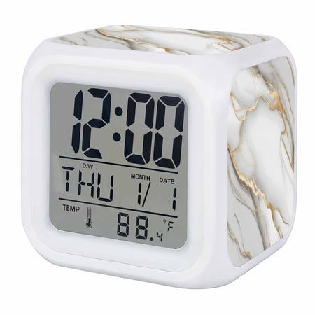 White Golden Marble Digital Alarm Clock for Bedrooms, Smart LED Alarm Clock with 7 Color Changing Night Light, Modern Abstract Art Marble Flow Silent Wake Up Clocks for Sleep Study Cooking 3.2"x3.2"