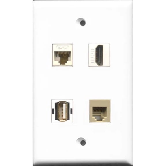 RiteAV 1 Port HDMI and 1 Port USB A-A and 1 Port Phone RJ11 RJ12 Beige and 1 Port Cat6 Ethernet White Wall Plate
