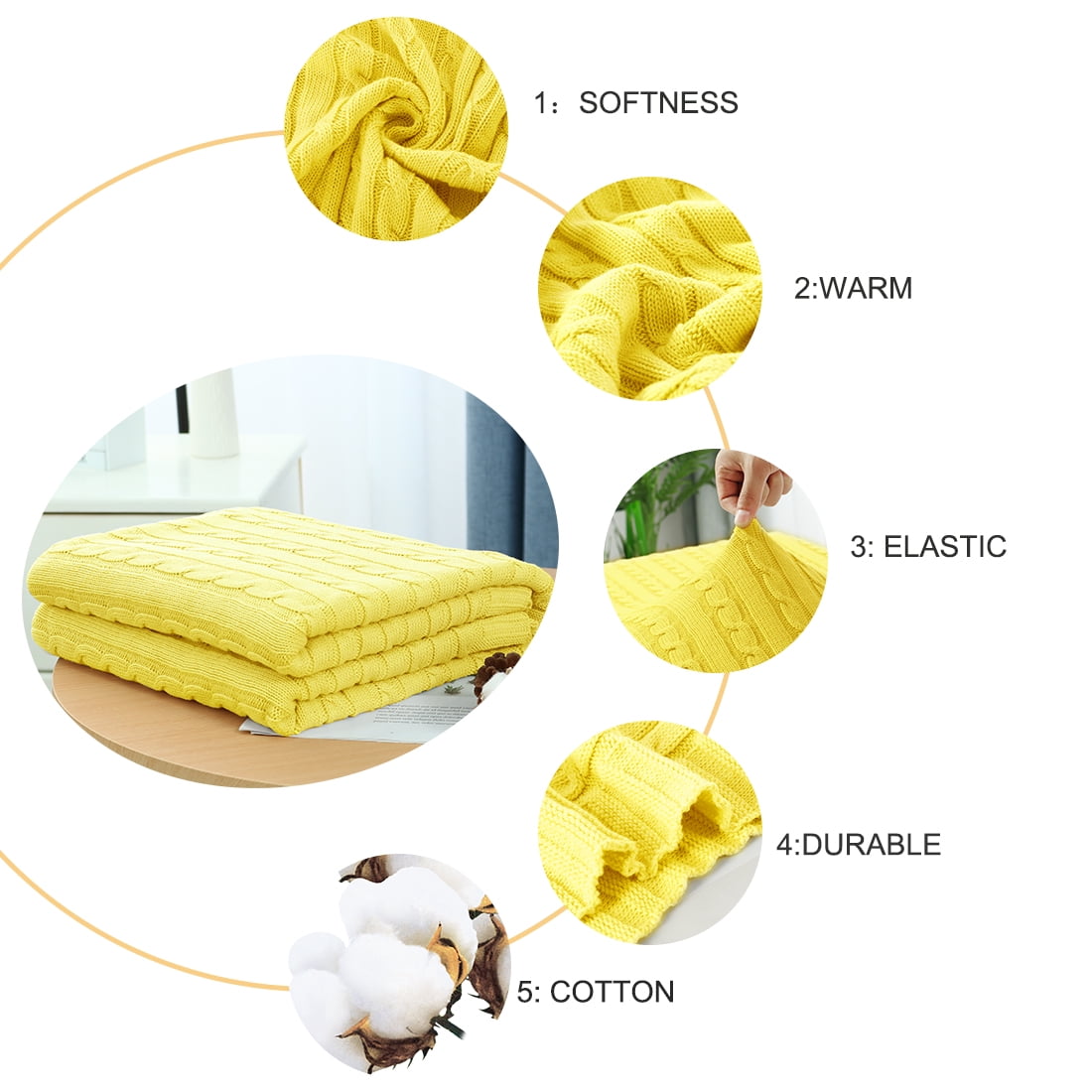 Unique Bargains 100% Cotton Cable Knit Throw Bed Blanket Yellow 51" x 59"