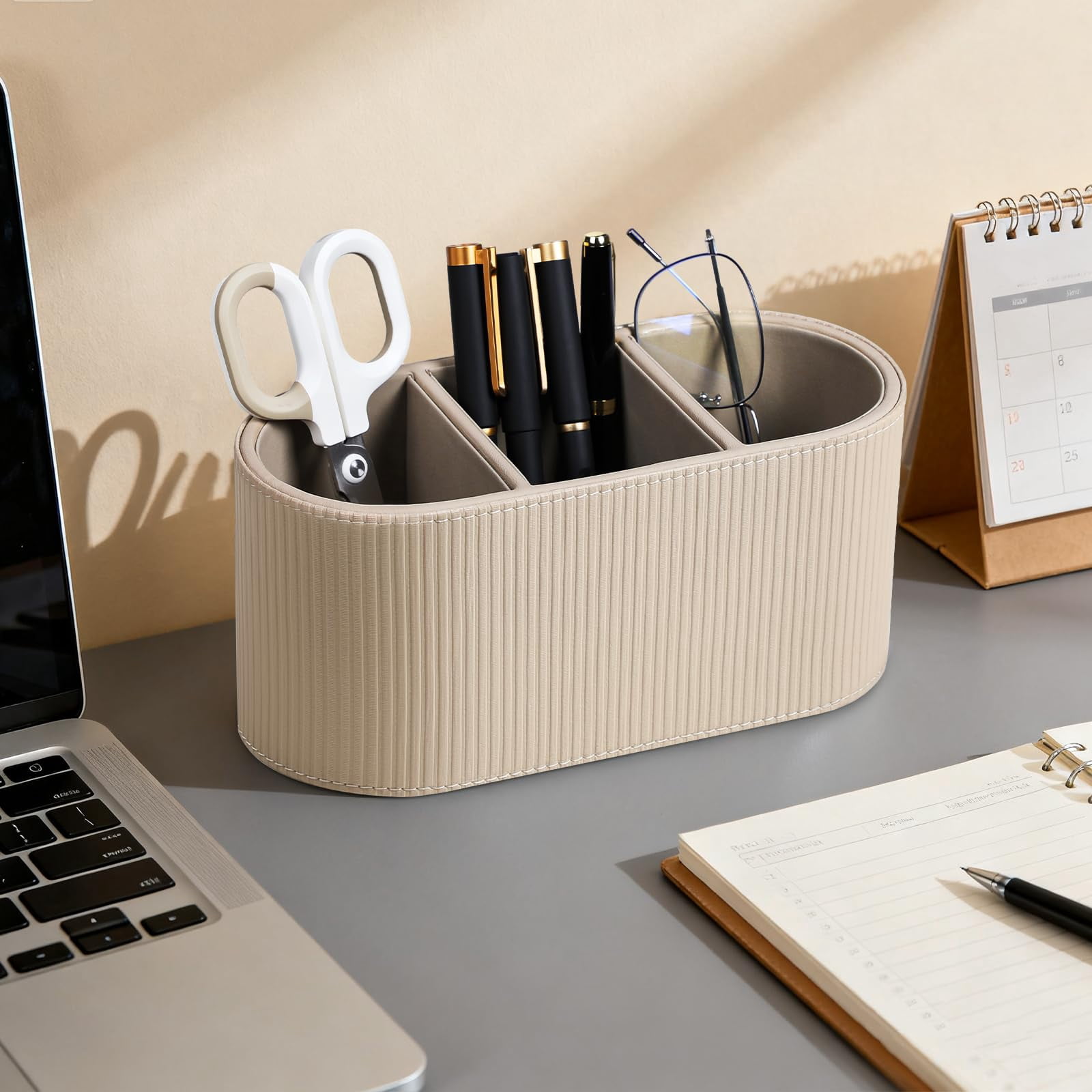 Aesthetic Remote Control Holder  Pu Leather Pen For Desk With 3 Compartments Home Office Supplies And Accessories Stylish Bedside Nightstand Desktop Organizer (beige)