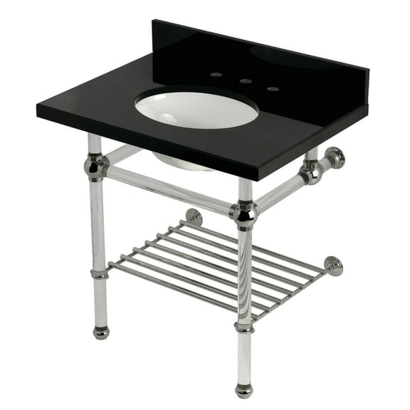 Kingston Brass KVPK3030KAB6 Templeton 30" Black Granite Console Sink with Acrylic Legs and Shelf (8-Inch, 3-Hole), Black Granite/Polished Nickel
