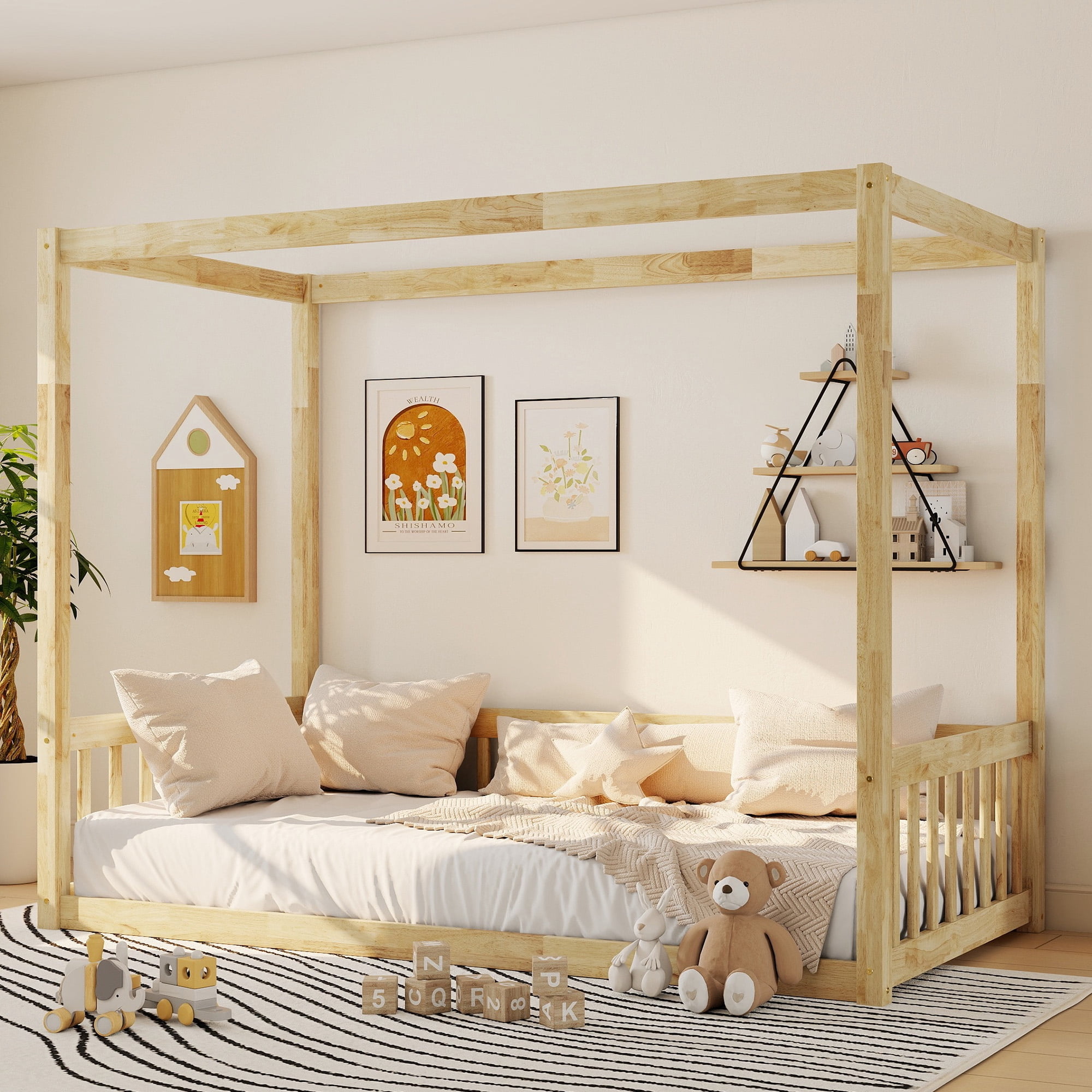 Alvantor Twin Size Floor Bed with Canopy Fence Guardrails for Kids Children Toddler Girls Boys, Natural