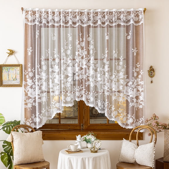 Faty-T White Lace Arched Sheer Curtain Floral Embroidered Swag Curtain Valance Tier for Doorway Kitchen Bathroom Window, Rod Pocket
