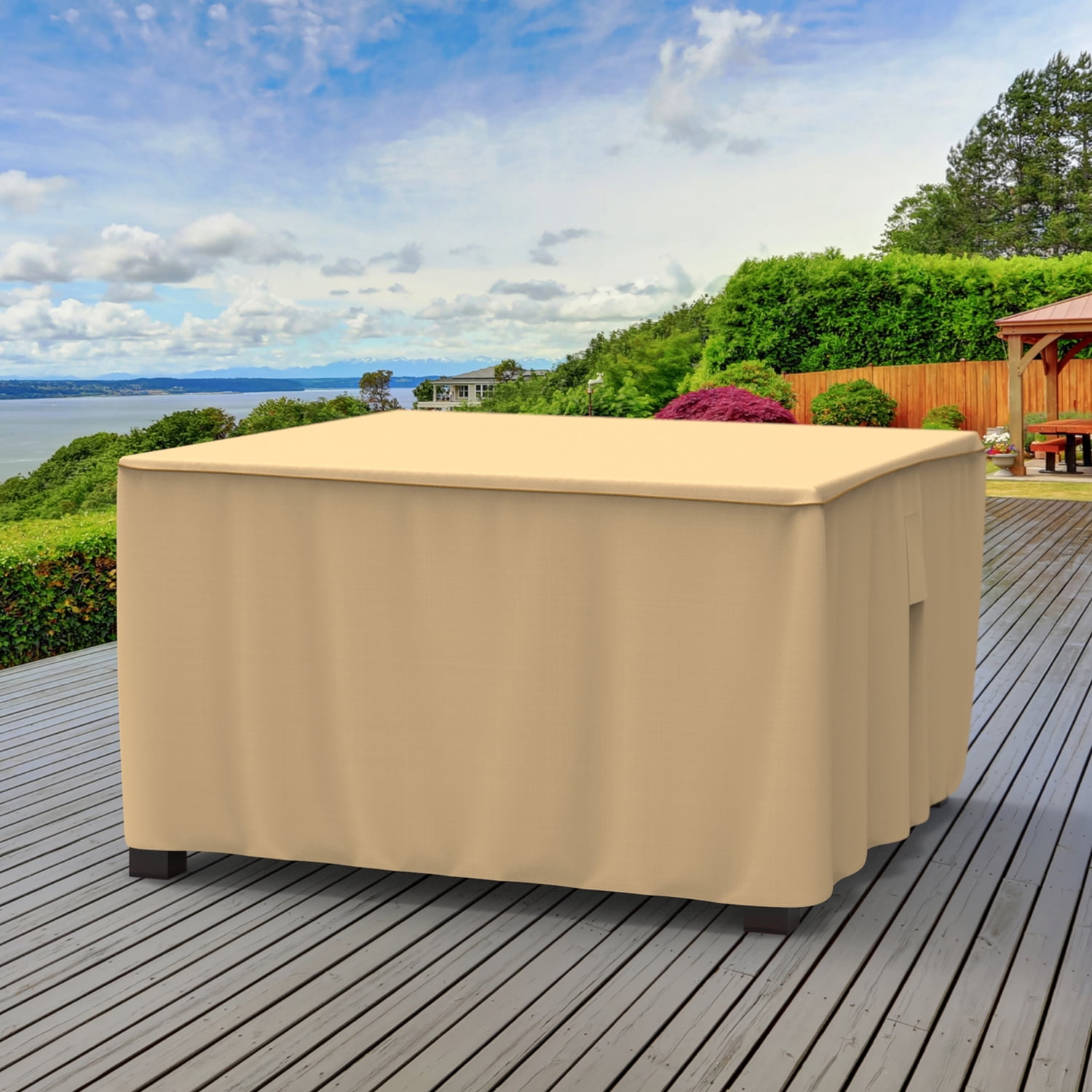 Budge 48" Tan Patio Square Table Cover, StormBlock™ Savanna