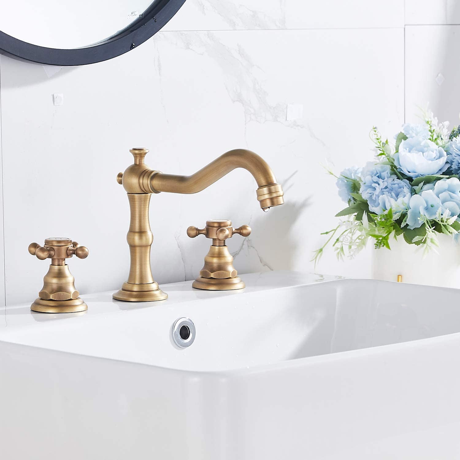 8-16 inch 2 Handles 3 Holes Widespread Bathroom Sink Faucet Antique Brass Bathroom Vanity Faucet Basin Mixer Tap Faucet Matching Metal Pop Up Drain
