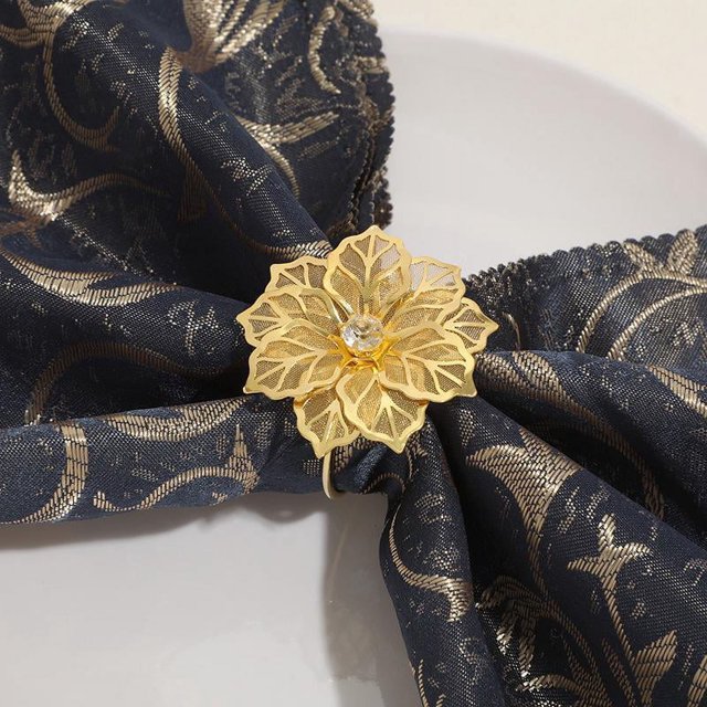 Paquete de 12 servilleteros de aleación con soporte para servilleteros con forma de flor hueca para bodas, fiestas, banquetes, cenas navideñas, delicados servilleteros, decoración (dorado)