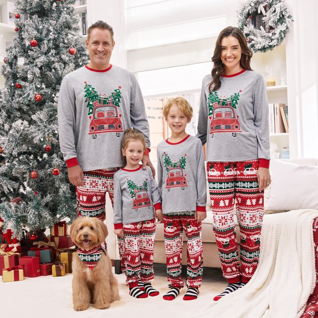 Pijamas navideños Conjuntos familiares a juego Patrón de camión de reparto con árbol de Navidad Conjuntos de pijamas