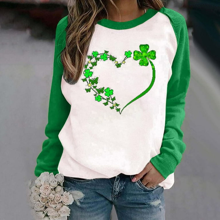 ZQGJB St. Patrick's Graphic Sweatshirts for Women Cute Green Clover Heart  Pattern Print Long Sleeve Spliciing Tops Lightweight Crew Neck Pullover  Blouse(Green,S) 