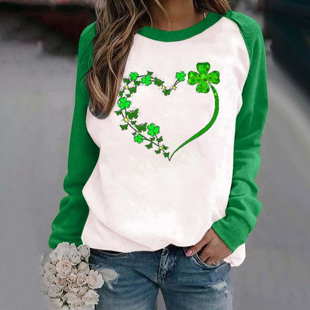 Mikilon Femmes Printemps Patchwork St. Patrick'S Day Imprimé Manches Longues Col Rond Casual Tee-Tops