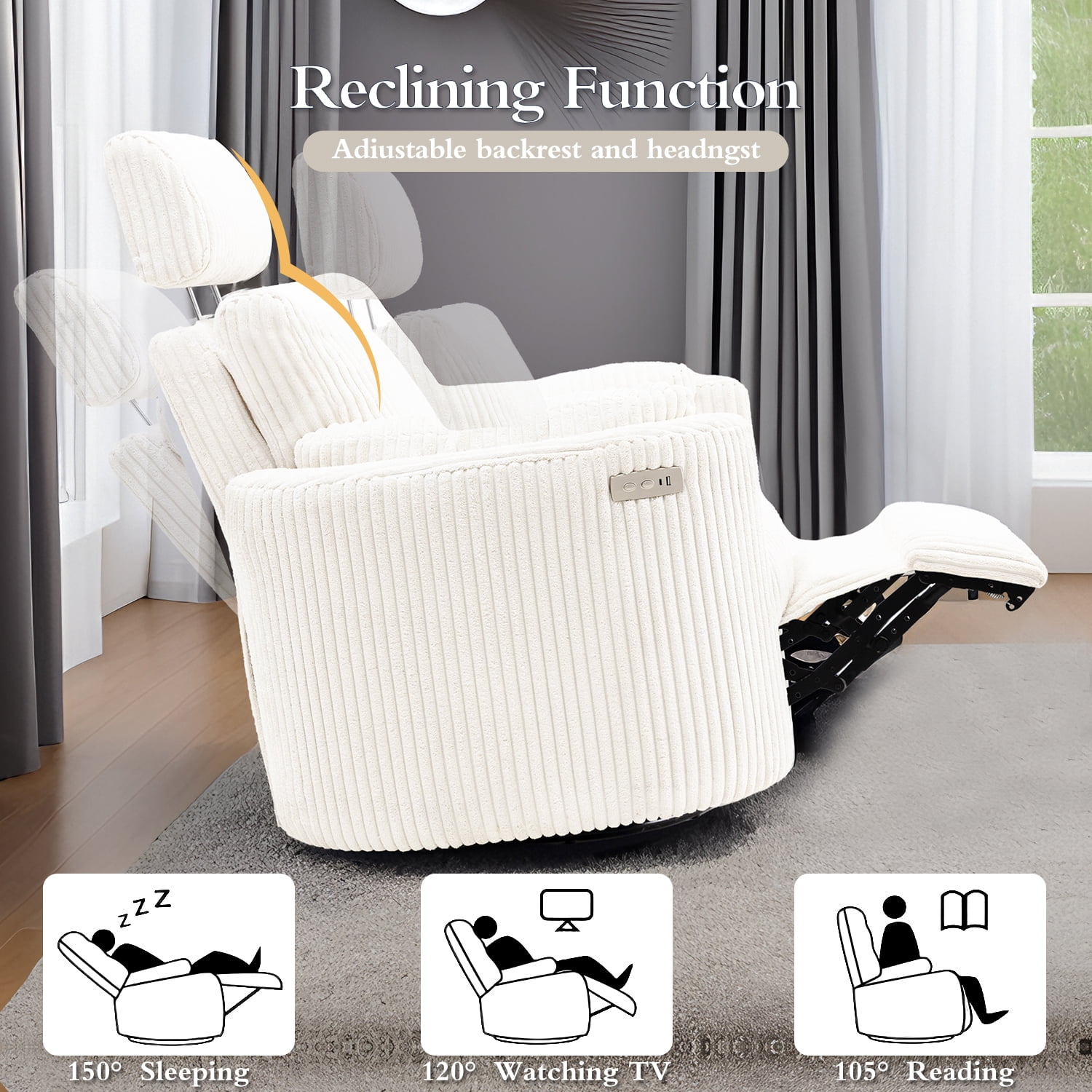 Cynefin Power Recliner Swivel Rocking Nursery Glider Rocker Chair with Headrest, USB and Type-c Port, Corduroy Electric Reclining Sofa Chair Arm Chair for Living Room