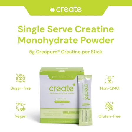 Create Single Serve Creatine Monohydrate Powder – 5g Creapure Creatine | Redefining Strength, Energy & Recovery | Sugar-Free, Vegan, Non-GMO | Lemon/Lime | 30 Packets