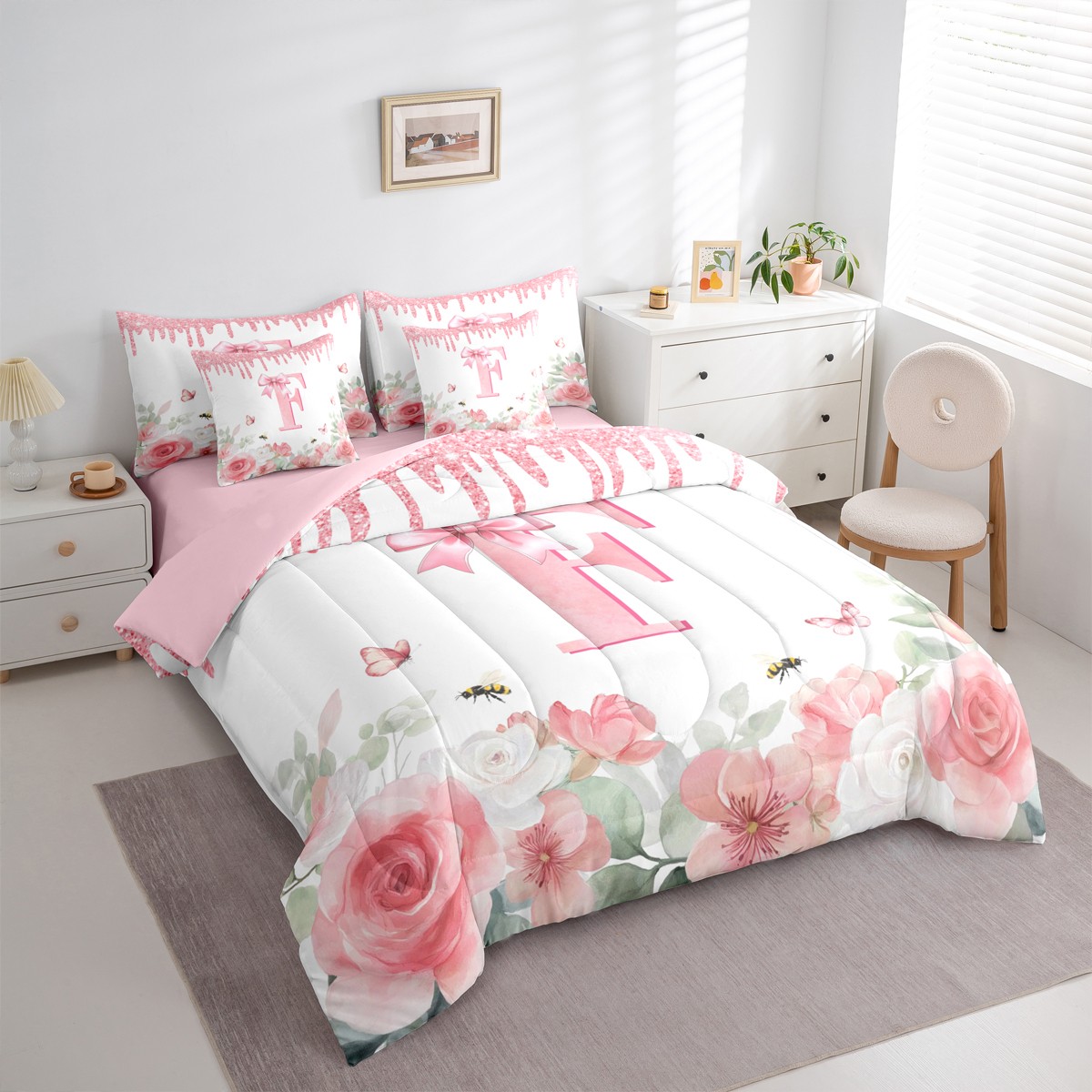 jejeloiu Initial Letter F Twin Bedding Sets 7-Piece,Vintage Rustic Flower Bedding Comforter Set,White Pink Bowtie Sheet Sets For Girls,Breathable Bedroom Decoration Reversible