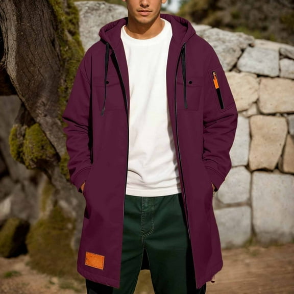 Trench Coat Men Zip Up Hooded Mid Length Windrbreaker Jackets (Wine S)