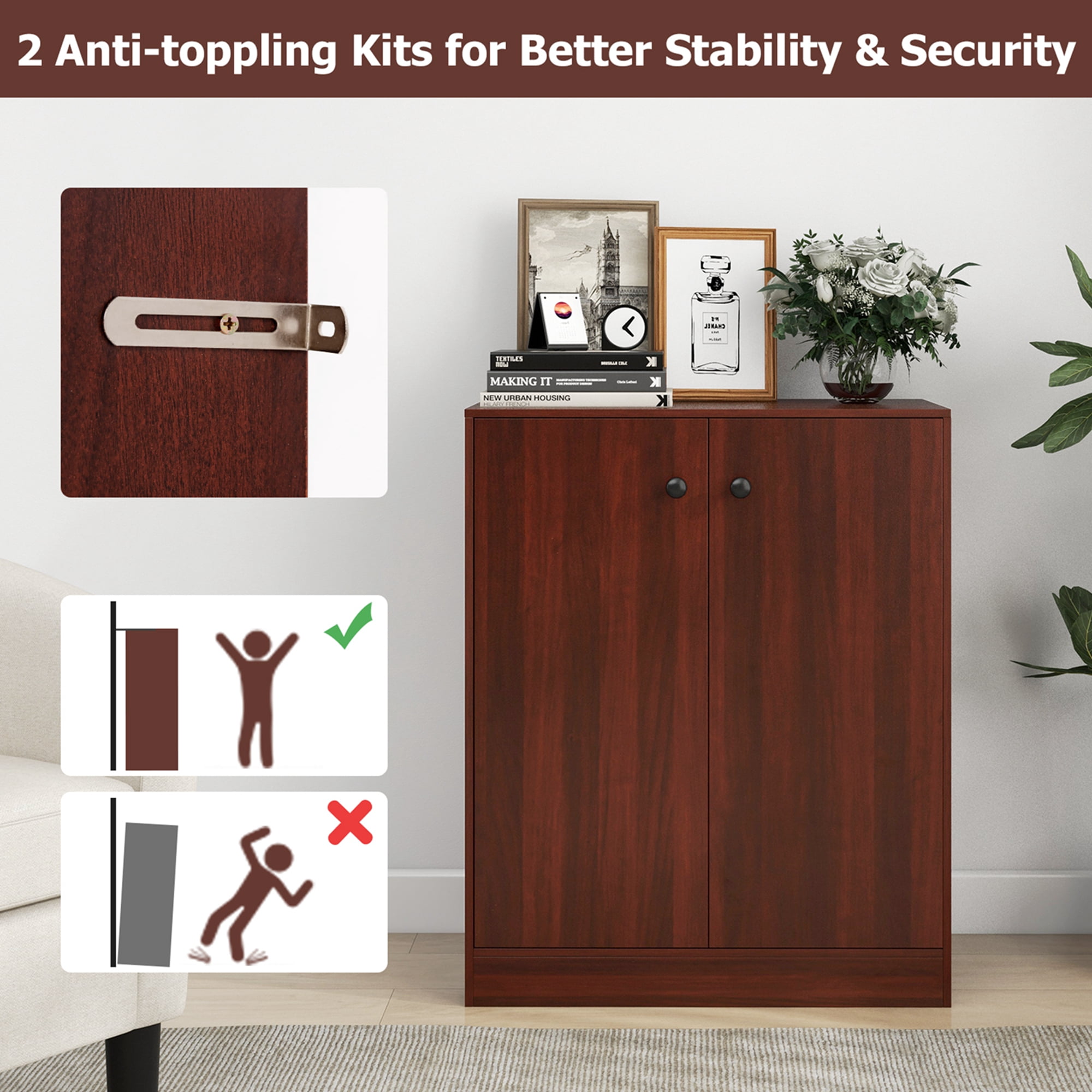 Costway 2-Door Storage Cabinet Freestanding Storage Organizer with 3-Tier Shelf Entryway Brown