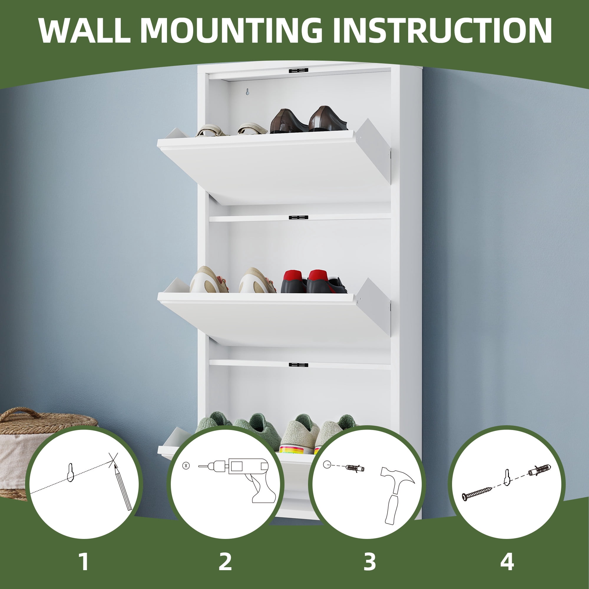 Uforic Wall Mounted & No-Assembly Steel Shoe Storage Cabinet with 3 Flip Magnetic Gooseneck Drawer for Entryway, Hallway, White