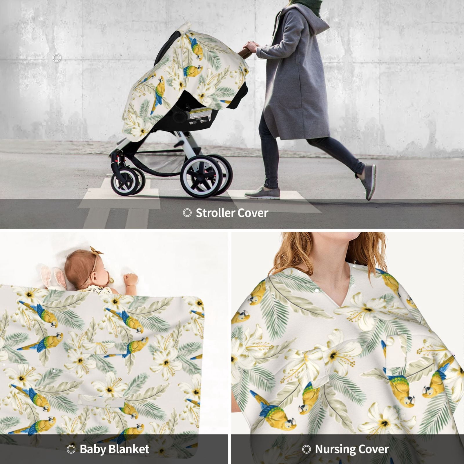 Car Seat Cover Baby - Cute Parrot Palm Leaves Flower Breathable Infant Car Seat Cover for Baby Carseat, Lightweight Comfort Baby Essentials Must Haves Newborn Stuff for Girl Boy