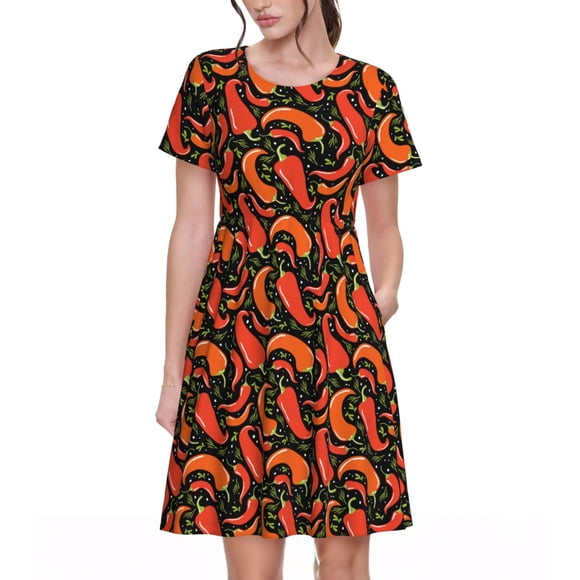 Vsdgher Red Hot Chili for Womens Summer 2025 Casual Midi Maxi Dresses Lightweight Short Sleeve Round Neck Beach Dress