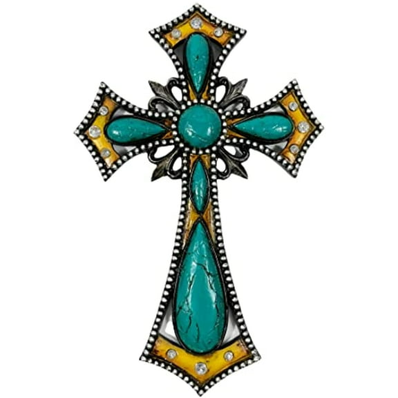 Urbalabs Western Wall Cross Teal Stone Studded Gold Cross Gem Stone Rustic Cowboy Religious 10.5" Wall Hanging Cross Country Wall Decor Room Decoration for Office Church Home Faith Love