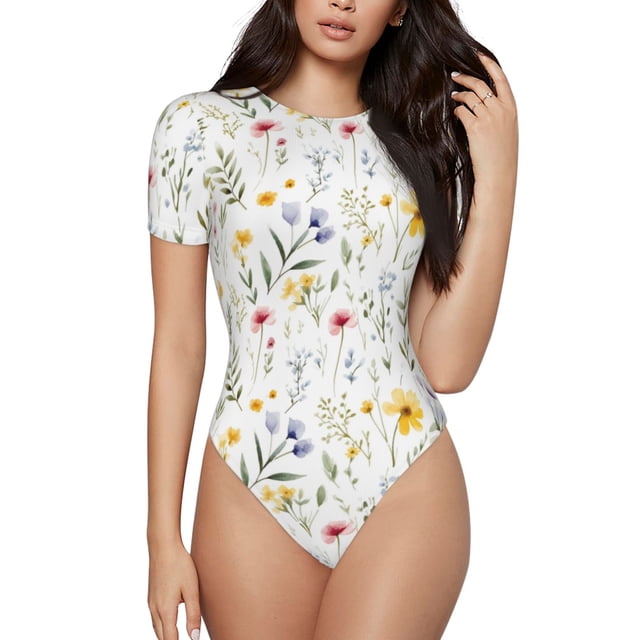 Balery Watercolor Floral A Body de cuello redondo de manga corta para mujer Tops de manga corta Tops básicos-Medium