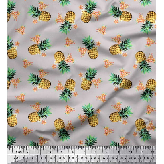 Soimoi Grey Poly Georgette Fabric Peach Floral & Pineapple Fruits Print Sewing Fabric Yard 42 Inch Wide