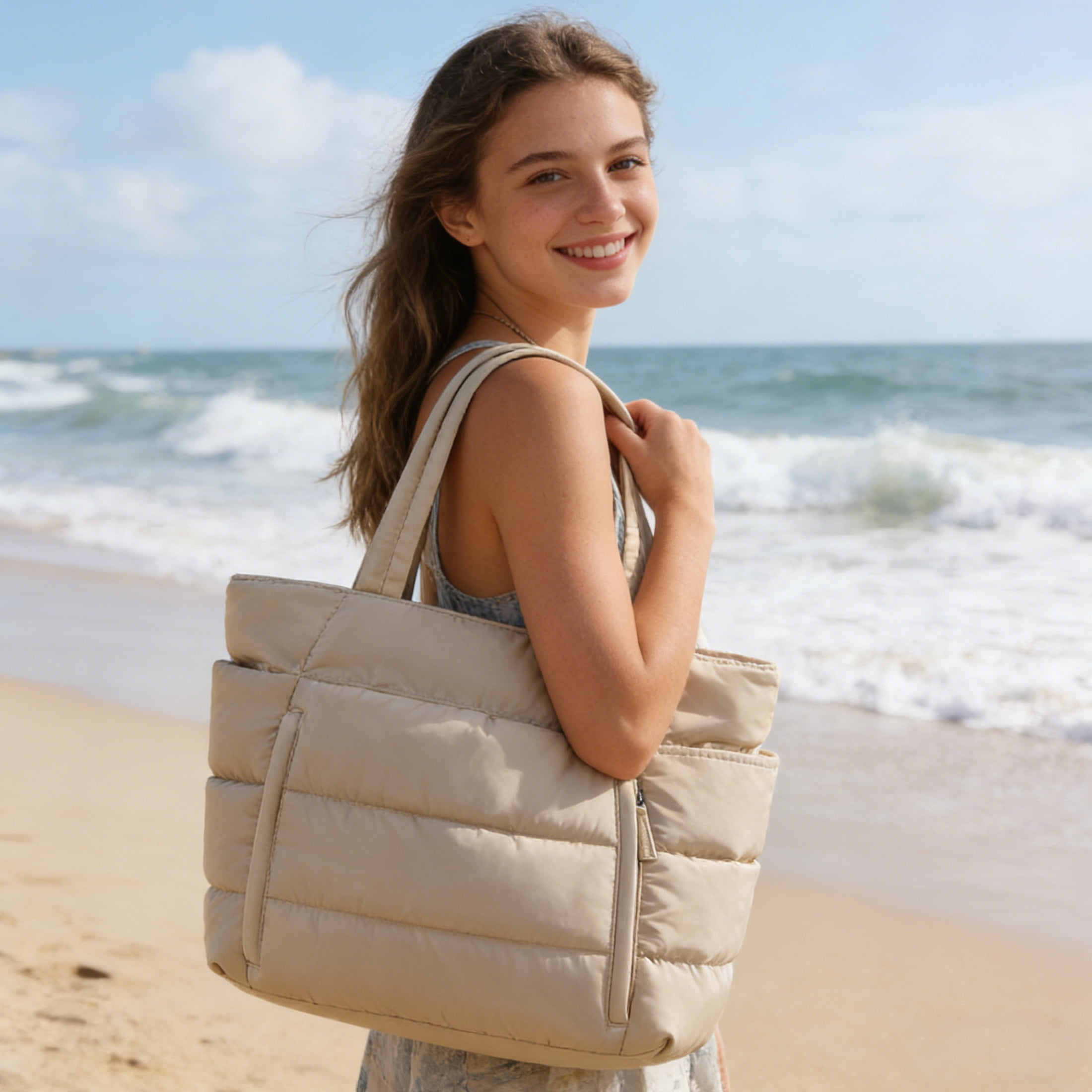 Puffer Tote Bag for Women, Large Capacity Lightweight Quilted Shoulder Bag, Waterproof Handbag for Work, Travel, Gym, Camel