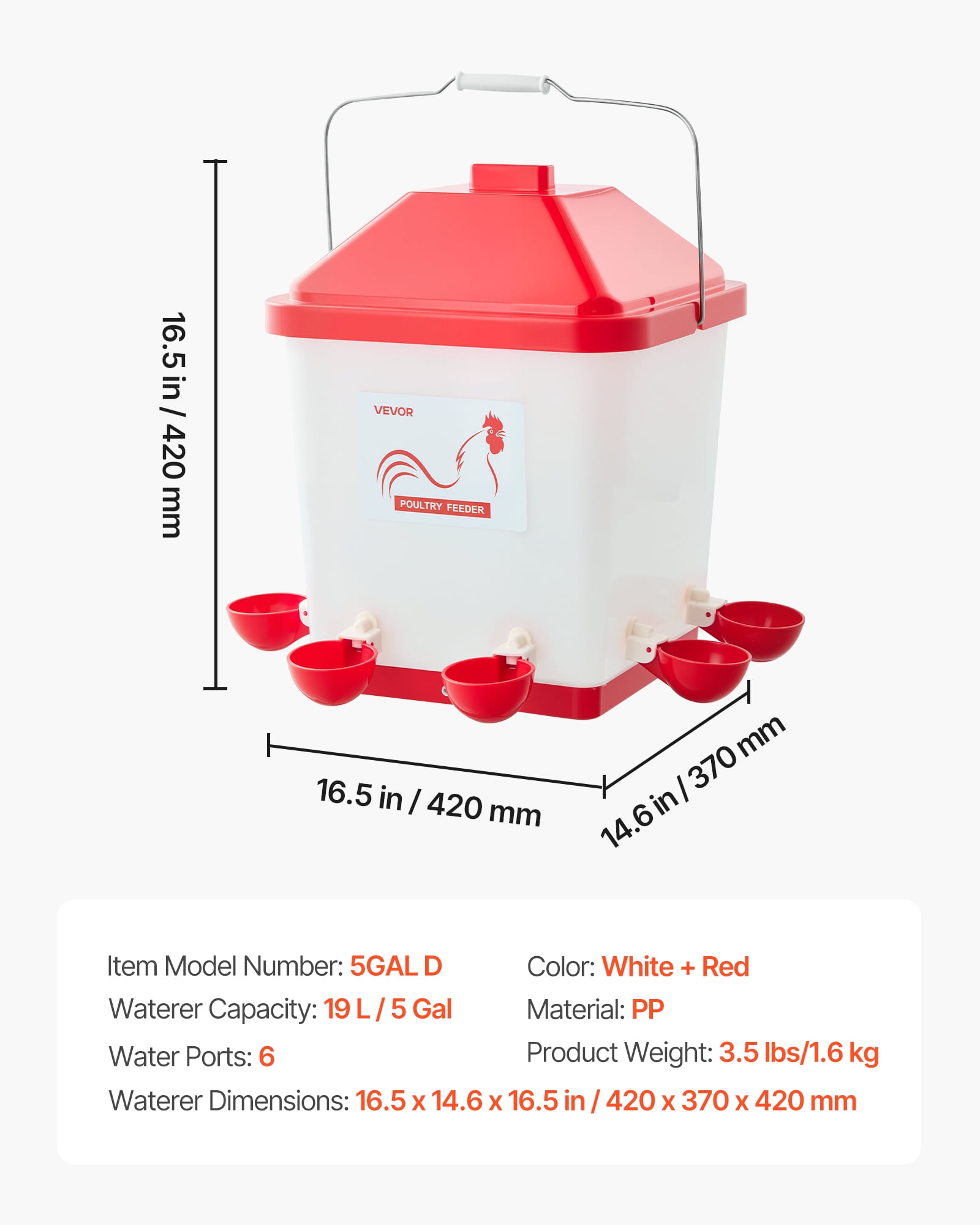 VEVOR 5 Gallon Automatic Chicken Waterer, 6 Water Ports, Automatic-Fill Water Cup, Automatic Gravity Waterer with Handle & Sealed Rubber Ring, Waterproof PP Material, No Waste Design, for Chicken
