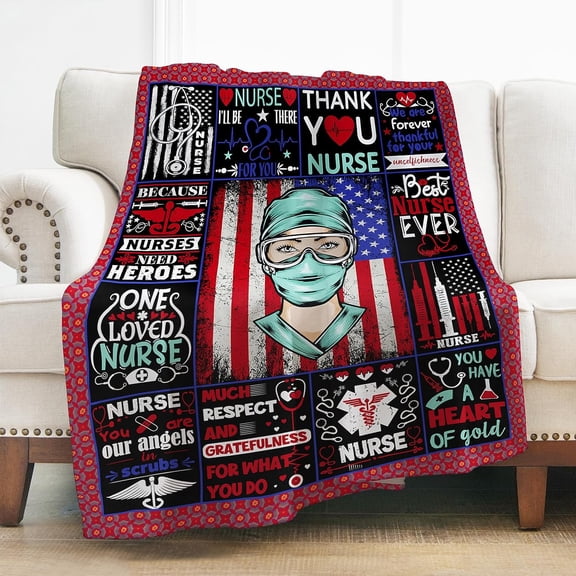 US Flag Nurse Throw Blanket Gifts for Women Girls Nurses, America Retro Decoration for Home Bedroom Living Room Office Dorm, Soft Comfort Lightweight Throw Blankets Black 50"x60"