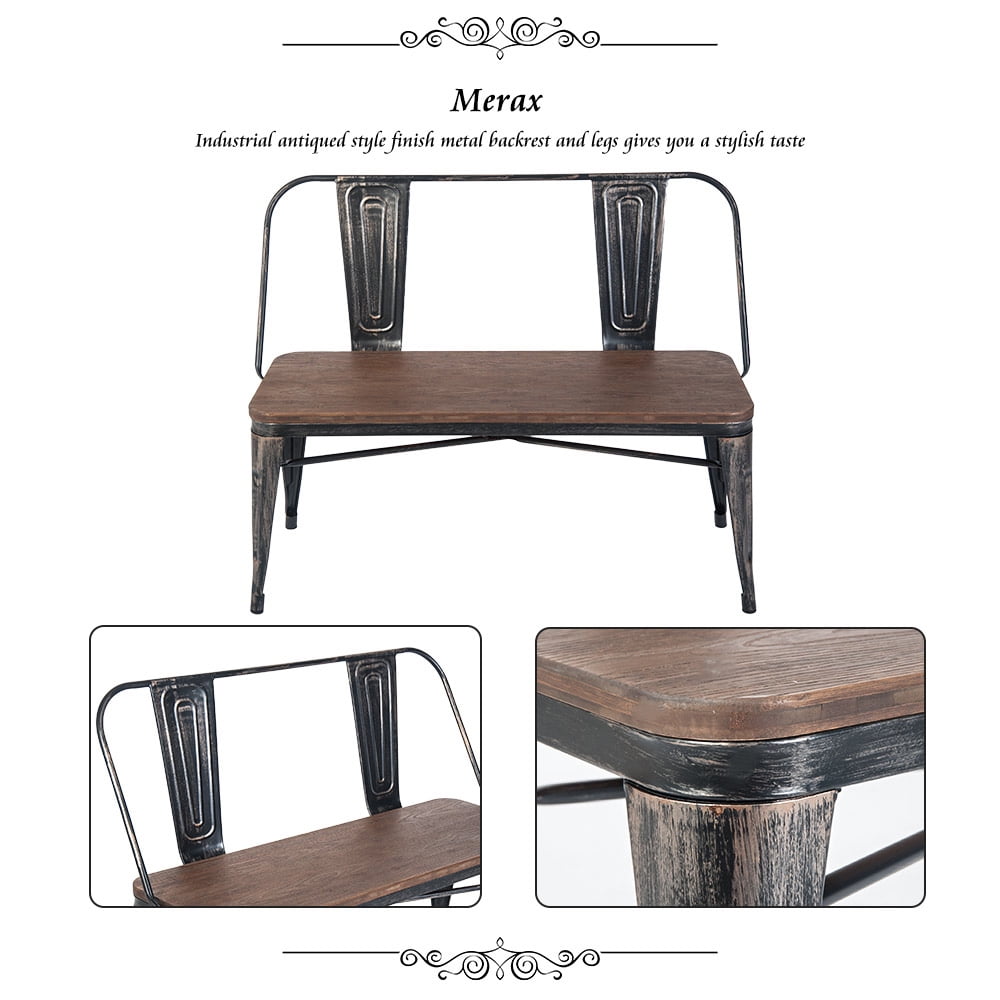 Kepooman Rustic Vintage Style Distressed Dining Table Bench with Wooden Seat Panel and Metal Backrest & Legs Kepooman Rustic Vintage Style Distressed Dining Table Bench with Wooden Seat Panel and Metal Backrest & Legs