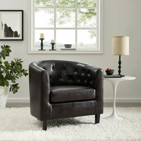 Emma Accent Chair  Button Tufted Faux Leather Barrel Chair  Midcentury Modern Accent Chair  Comfy Armchair  Tub Barrel Chairs for Bedrooms  Premium Arm Chairs for Living Room  Bedroom  Office Espresso