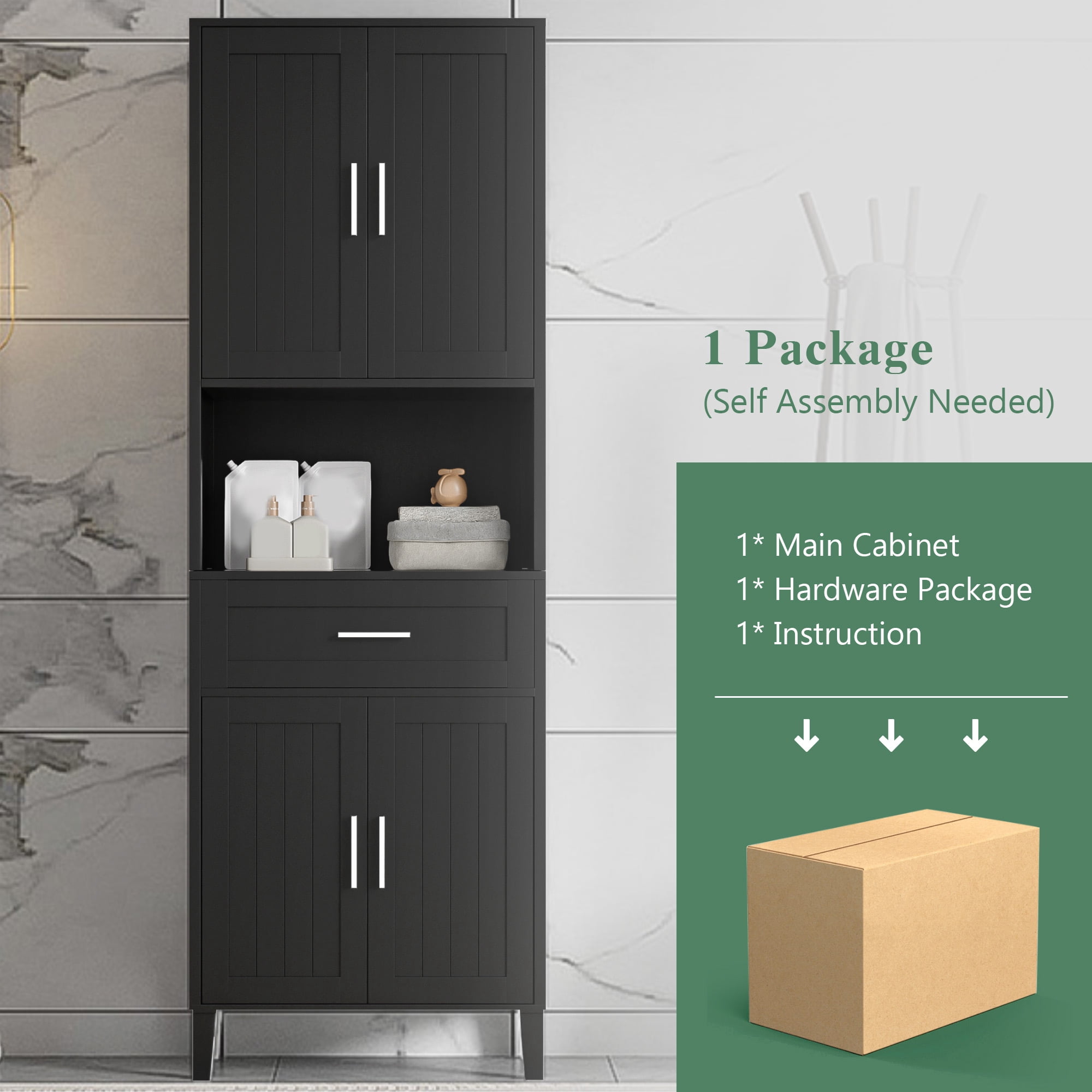 Pusnapku 70" Tall Storage Cabinet, Wood Pantry Cabinet with 4 Doors, Drawer, Adjustable Shelves, Narrow Bathroom Closet for Kitchen, Laundry Room