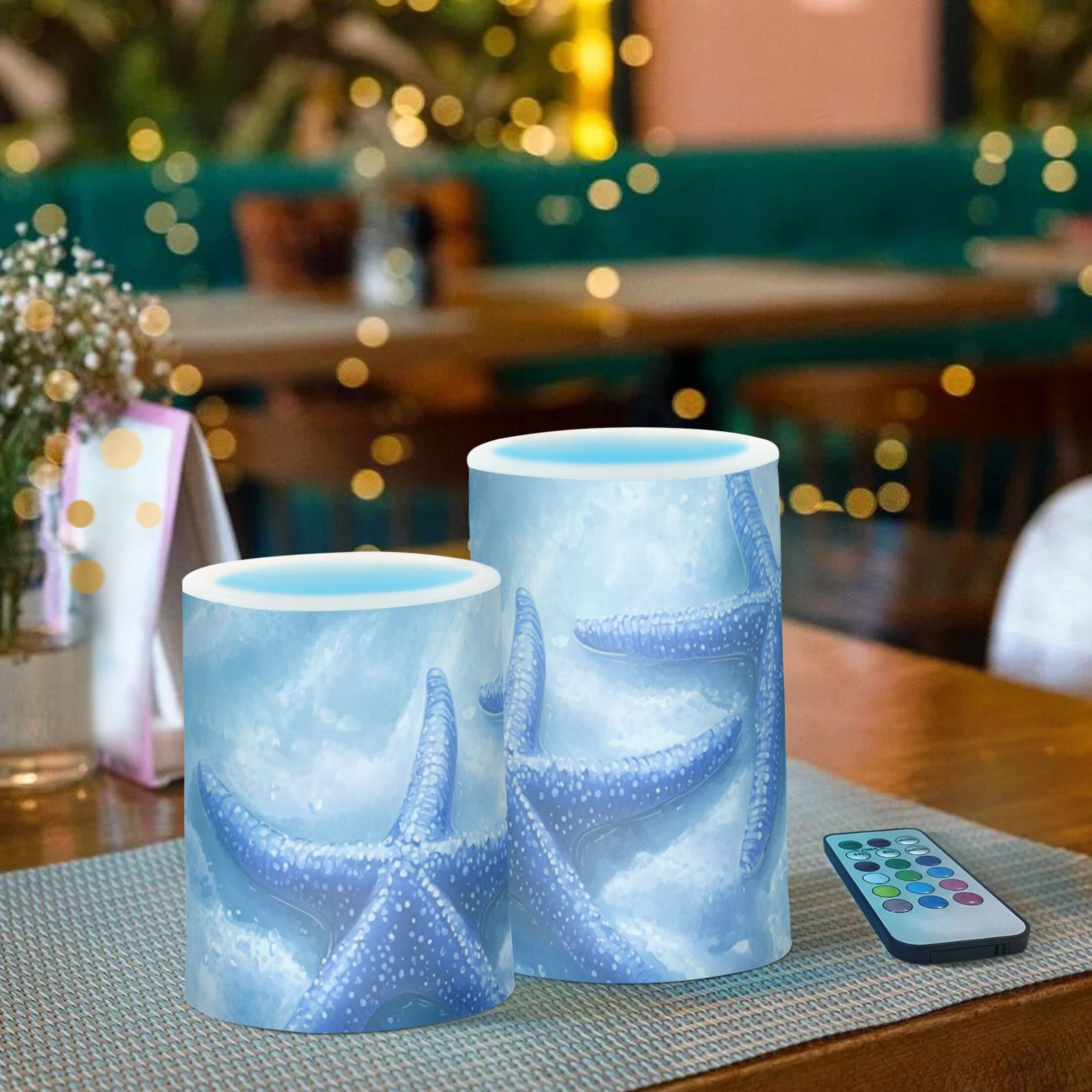 Blue Starfishes on Ocean Floor Flickering Flameless Candles LED Tealight Battery Operated with Remote Set of 2 Holiday Decor Ornaments
