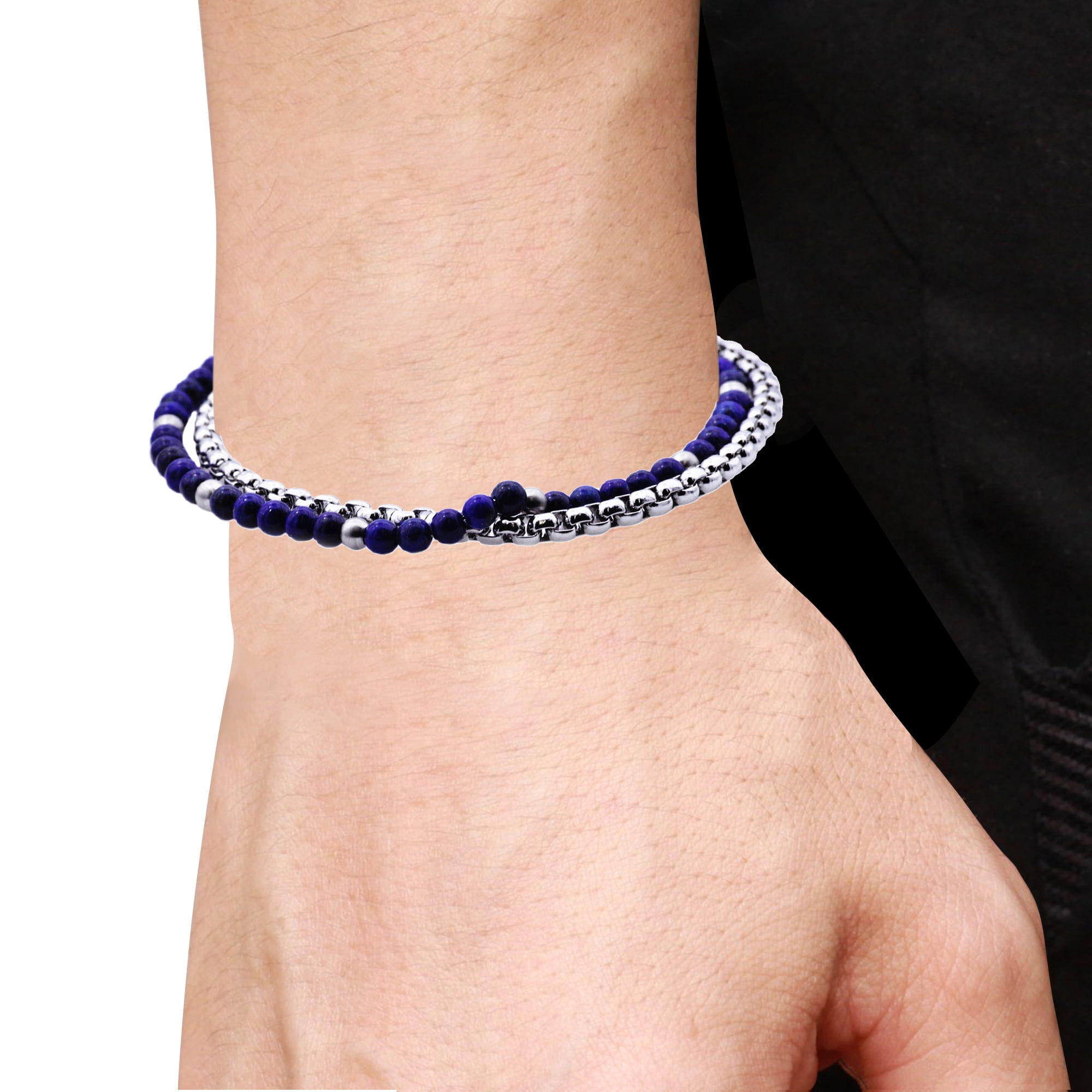 Arista Genuine Lapis Lazuli Men's Beaded Bracelet in Stainless Steel, 8"