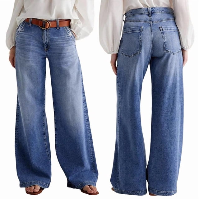 Jeans de Pierna para Mujer, Cintura Media, Holgados, con Decoración Vaquera Lavada Azul L