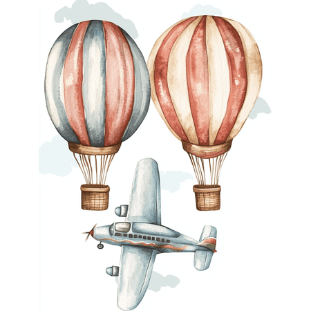 Vintage Hot Air Balloons and Airplane Watercolor Wall Art Print， Suitable for Living Room， Bedroom， Nursery， Office， and Kids Room Decoration