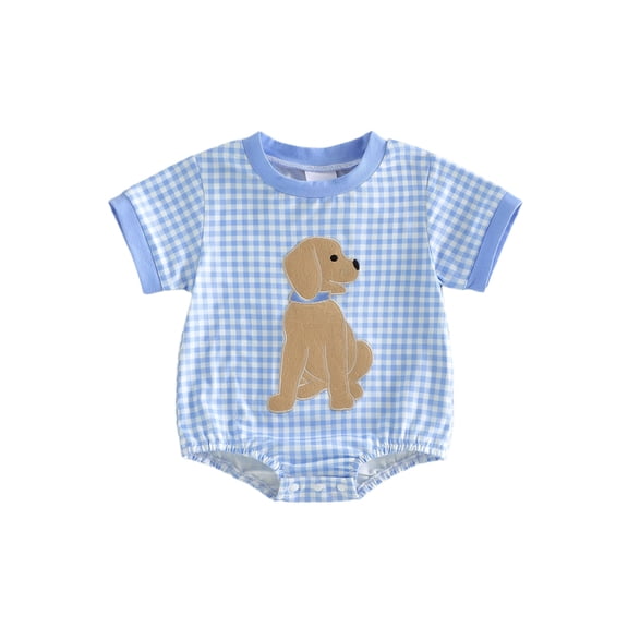 Cenuakty Baby Boy Summer Romper Loose Fit Casual Stylish Puppy Embroidered Plaid Crew Neck Short Sleeve Jumpsuit