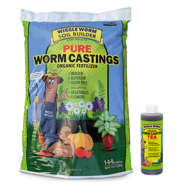 WIGGLE WORM Unco Industries Builder Worm Castings Soil (30 Pound) and WIGGLE WORM Castings Tea, 8 Ounce