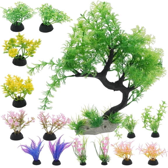 15 Pack Artificial Aquarium Decor Plants, Fake Bonsai Tree Simulated Water Plants with Base, Plastic Aquatic Ornaments for Fish Tank