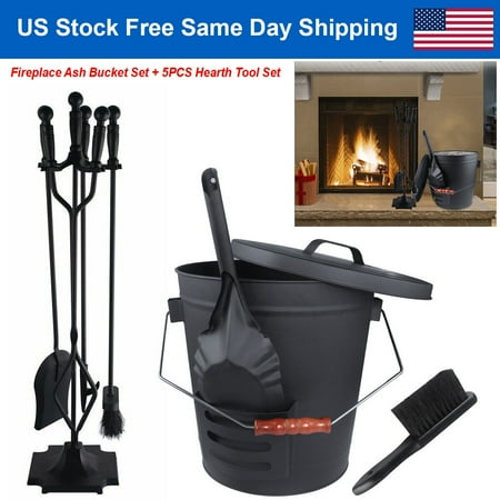 

5.15 Gallon Metal Fireplace Ash Bucket + 5PCS 26 Hearth Tool Fireplace Tool Set