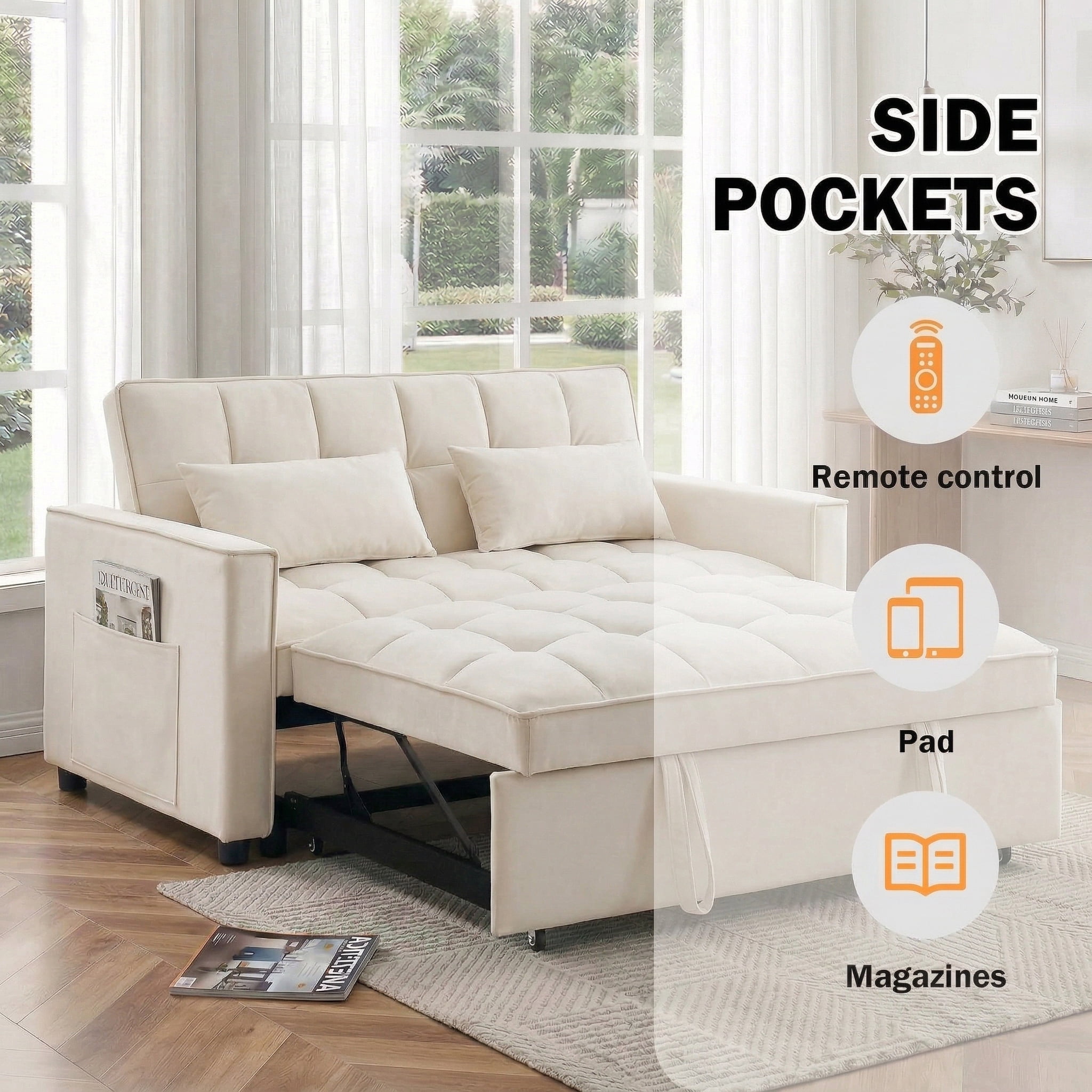 Avobird 3-in-1 Velvet Convertible Sleeper Sofa, Pull Out Couch Bed with Adjustable Backrest & Storage, Beige