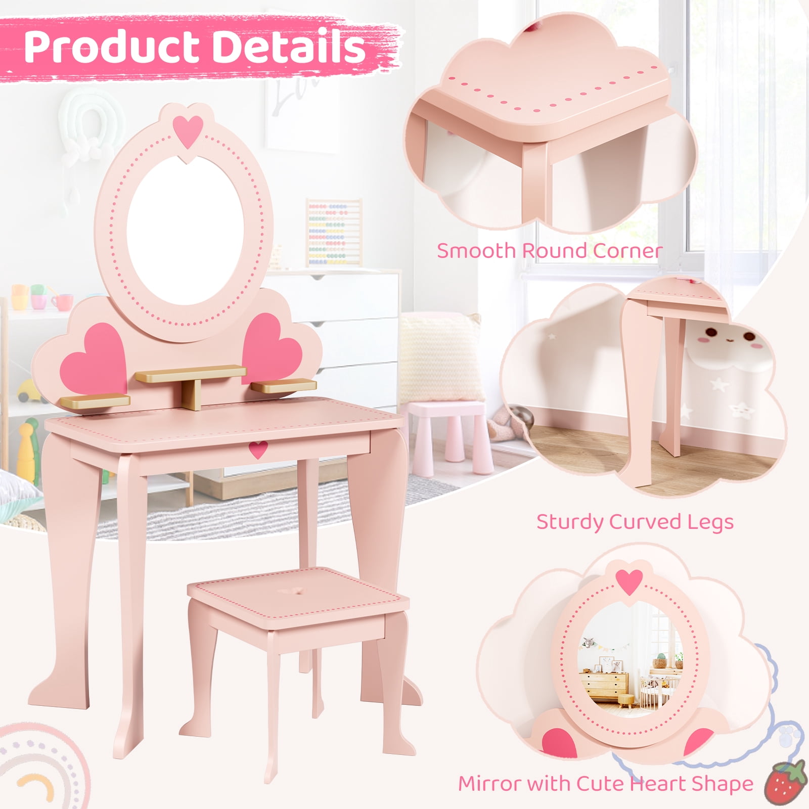 Pirecart Kids Vanity Makeup Table & Chair Set Make Up Stool Play Set for Children, Toddler Makeup Toy with 8 Pcs Accessories for Pretend Play, Pink