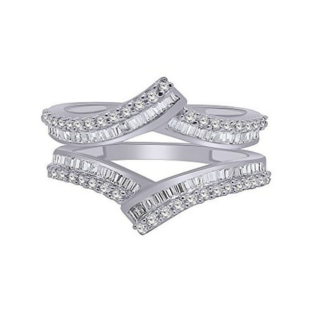 - 0.69CT 10K White Gold Round and Baguette Natural Diamond Wrap Enhancer Engagement Ring Double Row Size 7