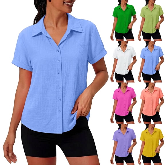 YVNAURA Women's Plus Size Button Down Roll Up Cuffed Short Sleeve Shirt Casual Collared Blouse Summer Lightweight Breathable Wrinkle Free Tops for Curvy Women Office Daily Wear, Blue,L