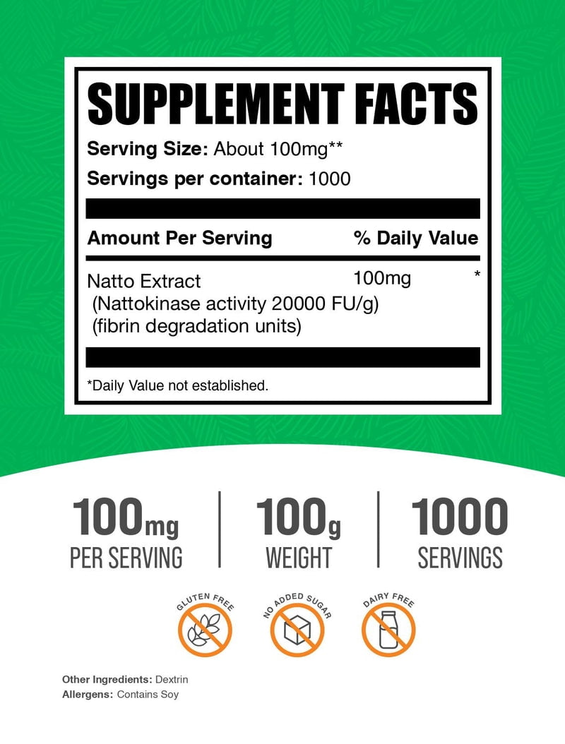 BulkSupplements Nattokinase 2000 FU Powder - 100mg per Serving - 100 Grams (3.5 oz) - 1000 Servings